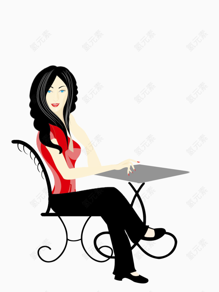 卡通坐在椅子上看东西的漂亮女人