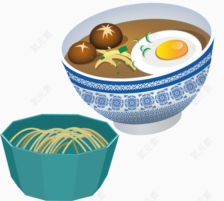 一碗鸡蛋蘑菇汤一碗面条卡通手绘装饰元素