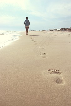 海滩,女子,足迹,夏天,女性,假期,海,海洋,人,放松,沙,生活方式,