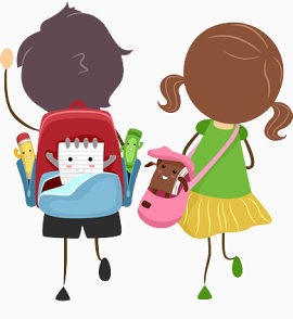 卡通两孩童背着书包一起上学
