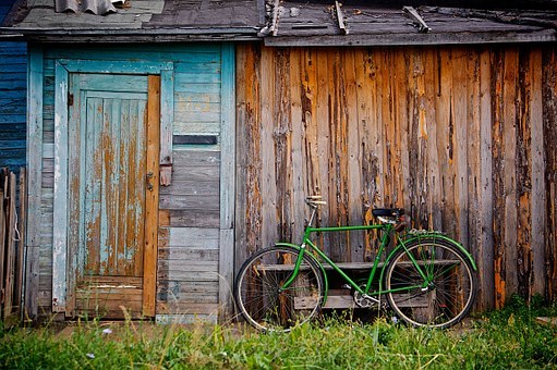 棚,自行车,老,木制的小屋,机舱,山寨,农场的房子农场,农村,自然,绿