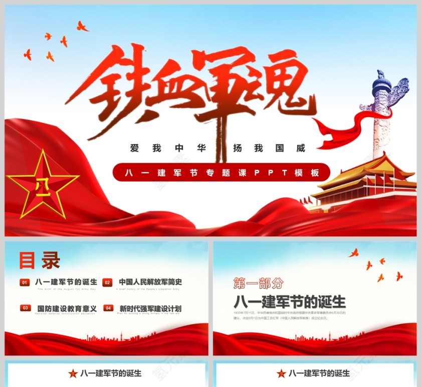 党政风八一建军节专题党课PPT模版