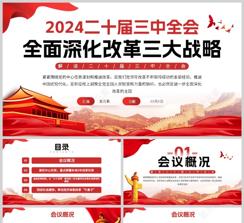 红色党政风格二十届三中全会全面深化改革三大战略解读PPT模板