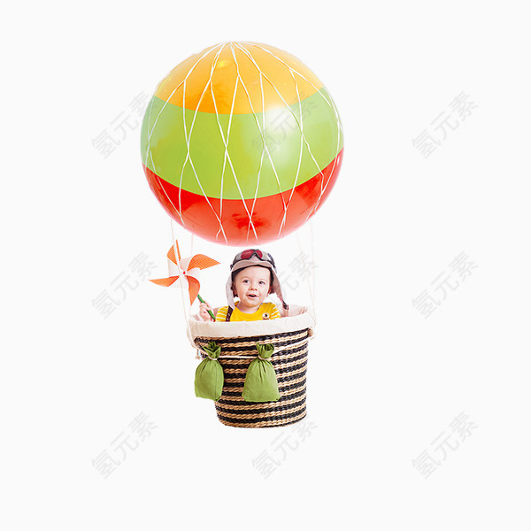 小孩坐热气球飞翔风车竹篓