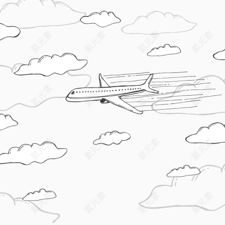 手绘云层中的飞机
