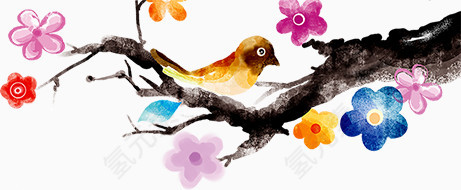 彩绘小鸟在桃树间嬉戏