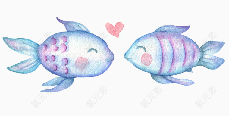 卡通手绘唯美两只亲吻的鱼