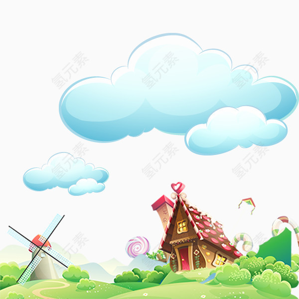 卡通手绘房屋风车草地云朵素材