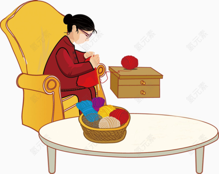 坐在沙发织毛衣的母亲卡通手绘装饰元素