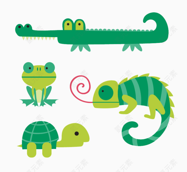 4款卡通绿色动物矢量素材