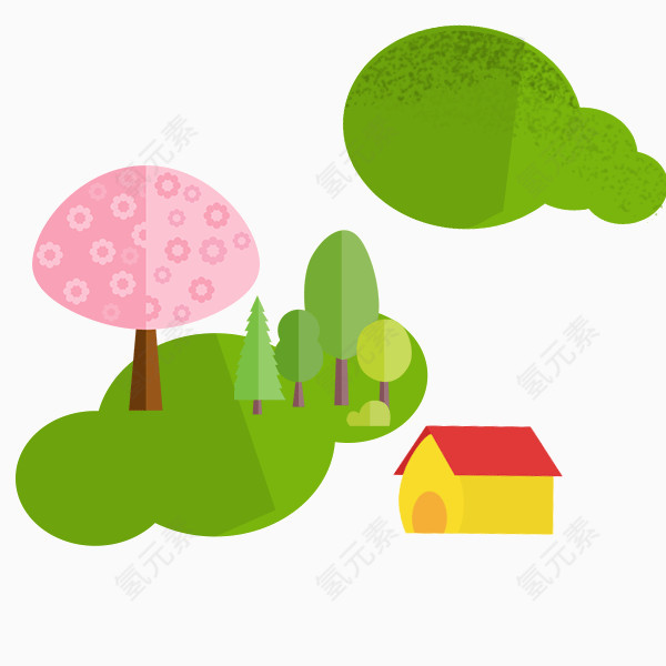 卡通房子卡通绿树卡通粉色树