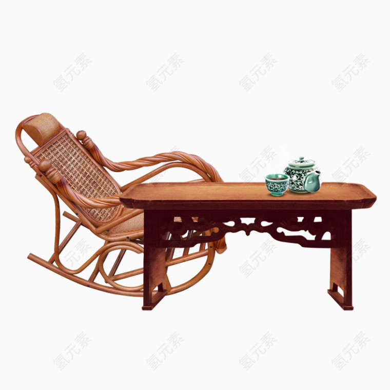 藤椅家具组合实木桌子绿色茶具手绘桌子