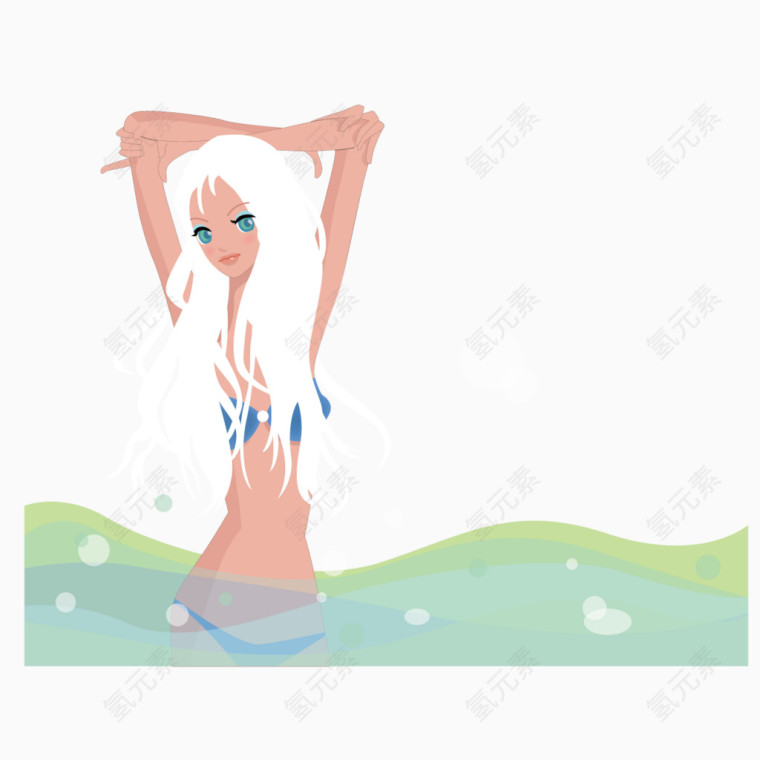 在河水中洗澡的白发美女