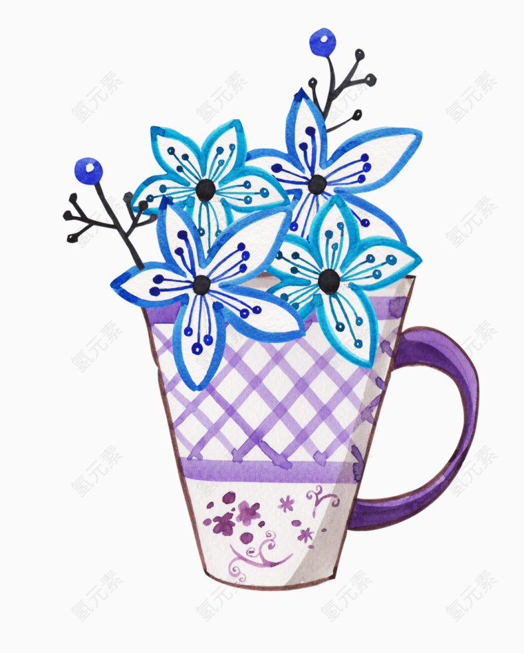 手绘蓝色水杯花卉