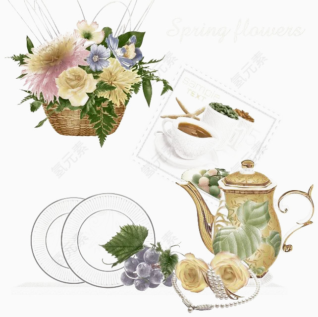 一篮鲜花和精美茶壶