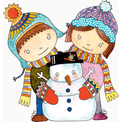 戴围巾帽子的小男孩和小女孩和小雪人