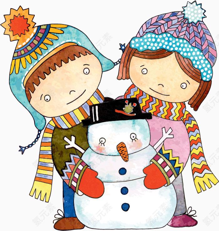 戴围巾帽子的小男孩和小女孩和小雪人