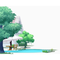 卡通树木动漫立体房子树木院子蓝色房子