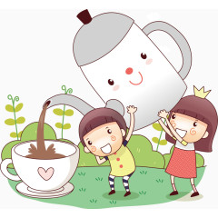 巨大的茶壶卡通孩子插画