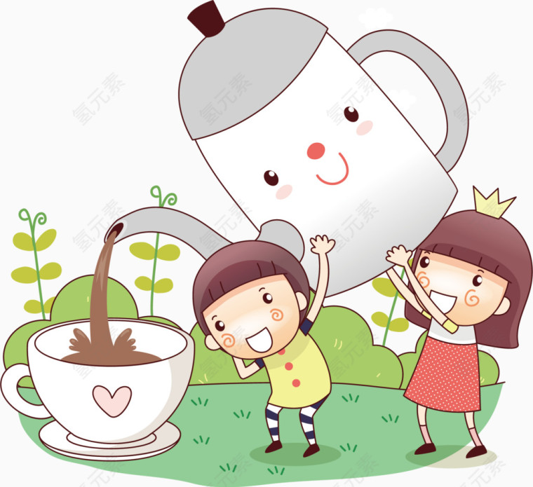 巨大的茶壶卡通孩子插画
