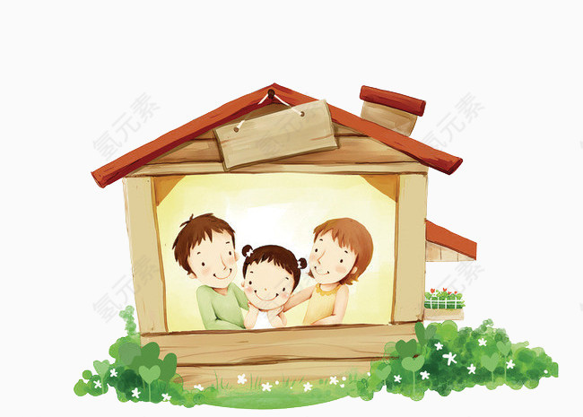 一家三口父母和孩子手绘三叶草卡通小屋