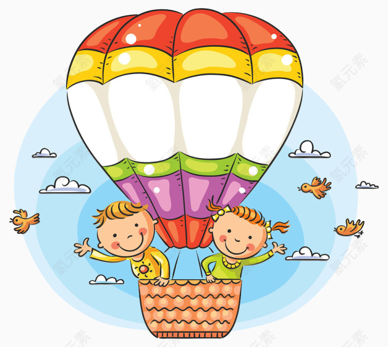 卡通小孩乘热气球