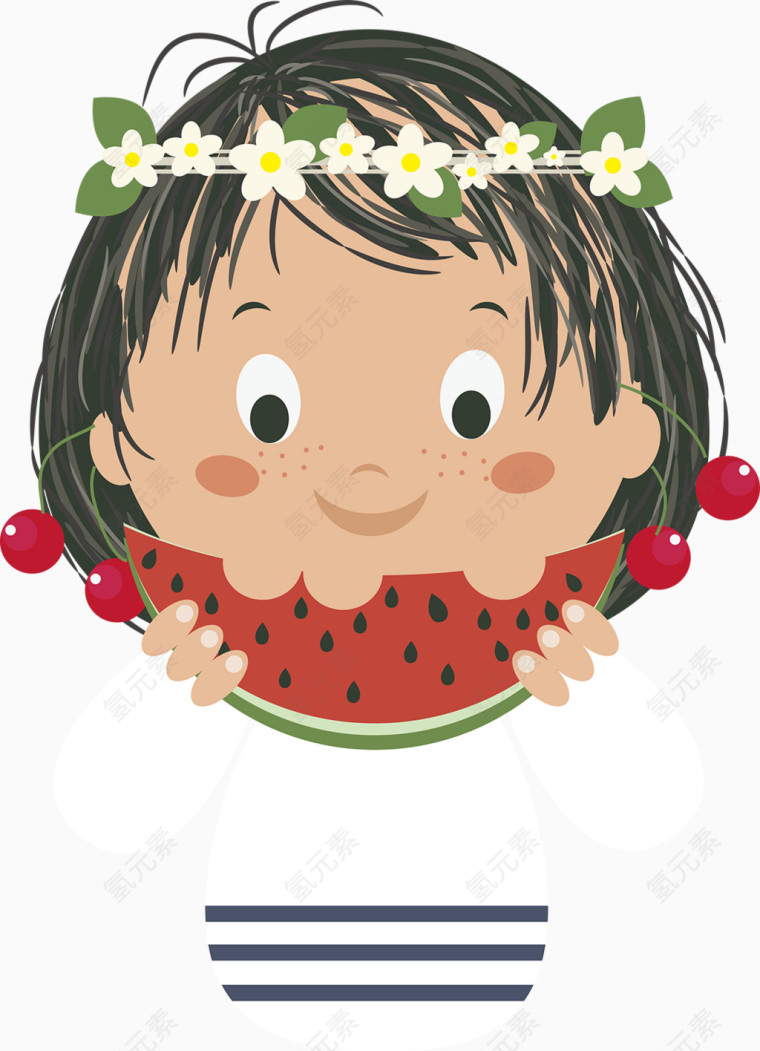 吃西瓜的小女孩卡通手绘装饰元素