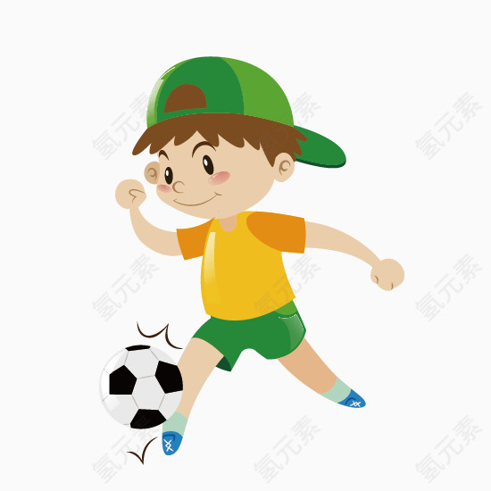 卡通手绘踢足球的男孩