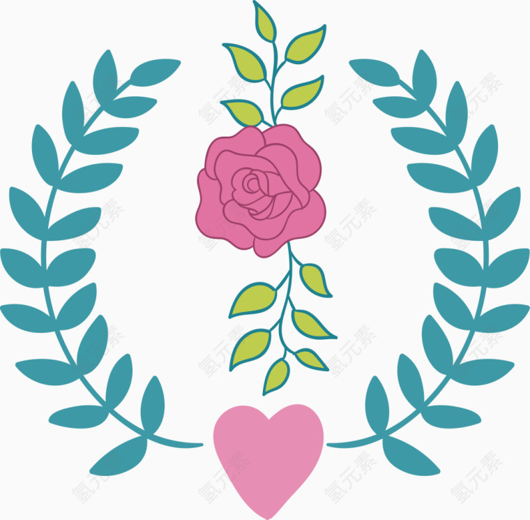 稻麦玫瑰花叶子心形水彩手绘装饰元素