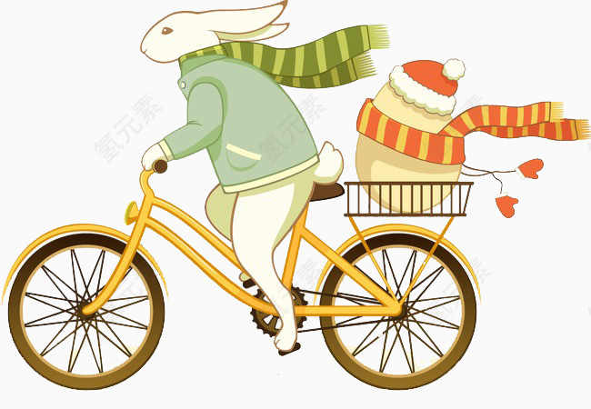 卡通手绘骑自行车的小白兔