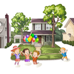 四个玩汽球的小孩和房屋矢量图