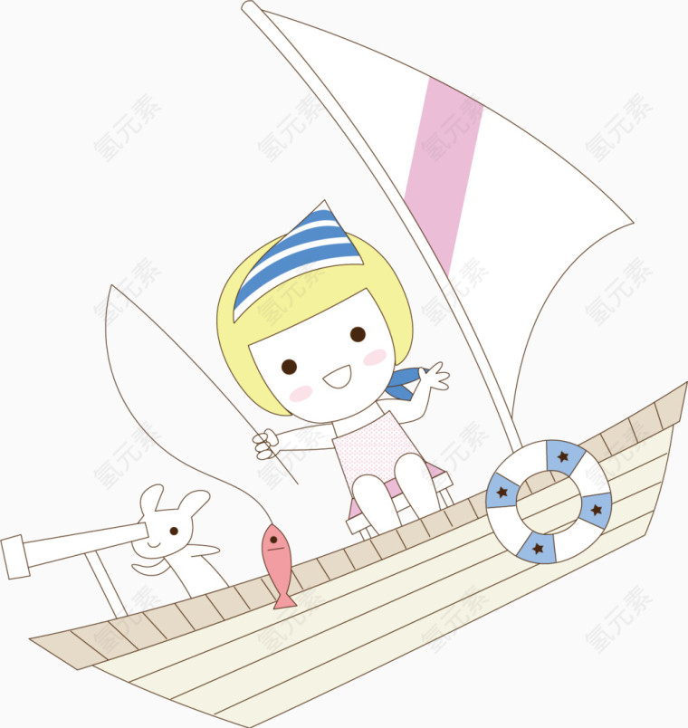 夏日元素帆船钓鱼的小女孩卡通人物装饰元素