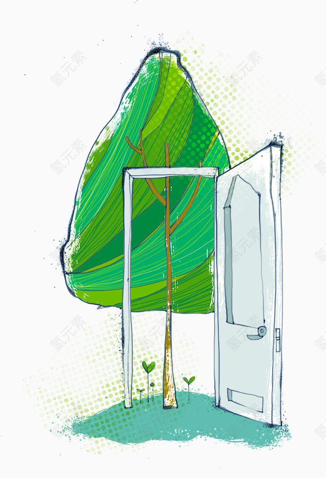 手绘大门和绿色小树