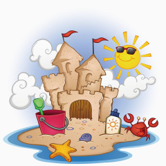  夏日海滩沙雕城堡可爱卡通水彩插画