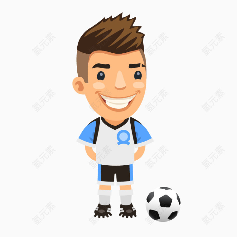卡通手绘蓝白衣服微笑足球运动员