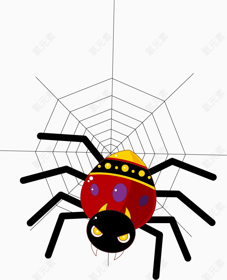 水彩爬行在蜘蛛网的蜘蛛卡通手绘
