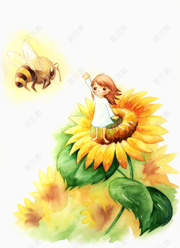 站在黄色向日葵上的小女孩