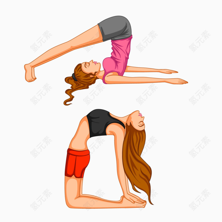 卡通手绘彩色女子练瑜伽后弯腰