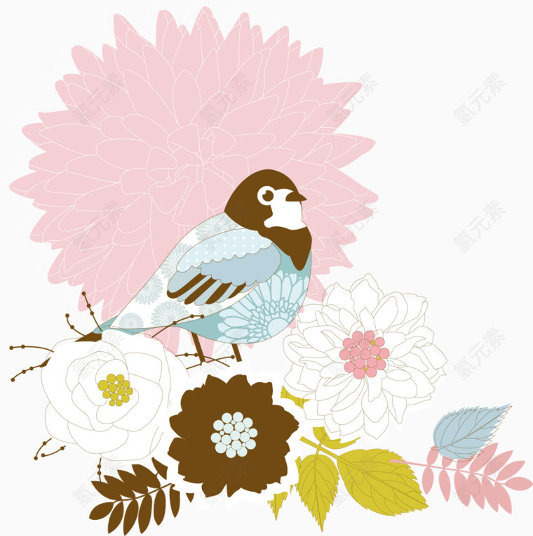 手绘花朵和小鸟png素材