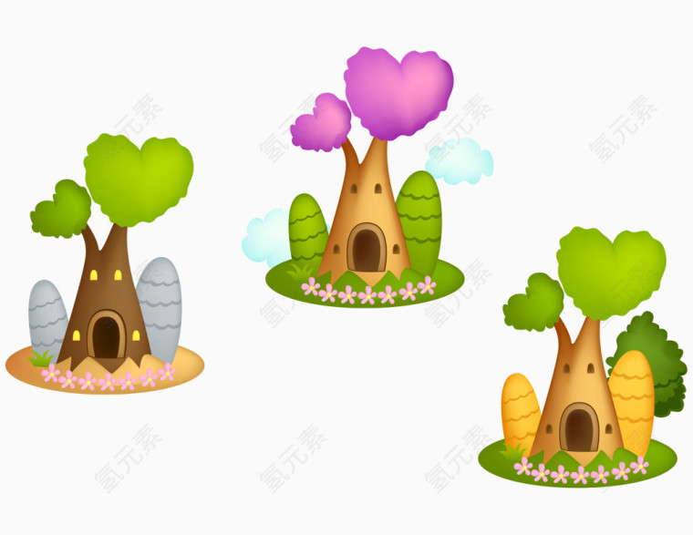 卡通彩色树形房子心形树叶