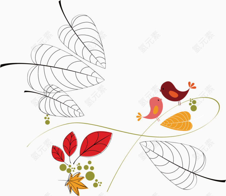 叶子小鸟卡通手绘装饰元素