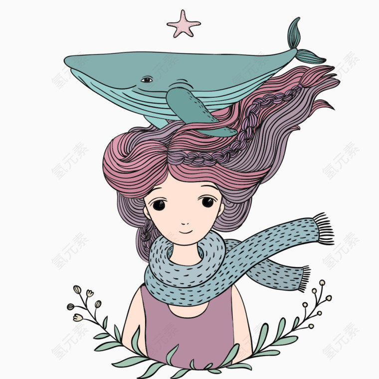 插画小女孩和鲨鱼
