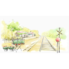 手绘清新火车路旁的小村庄插画