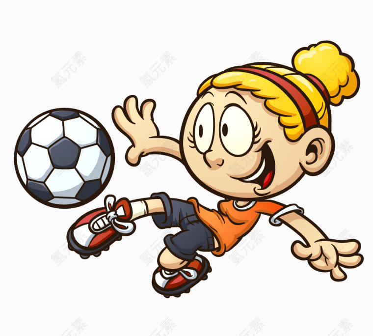 卡通手绘踢足球的女孩插画 