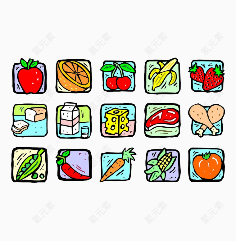 卡通食物蔬菜水果方形图标锦集