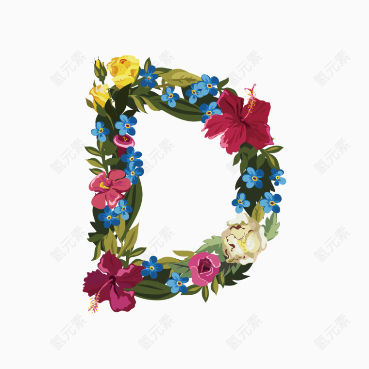 彩色花朵英文字体字母D