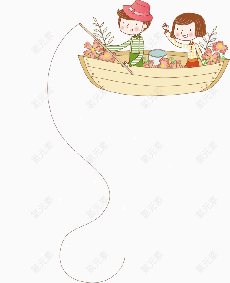 卡通人物小女孩船上钓鱼
