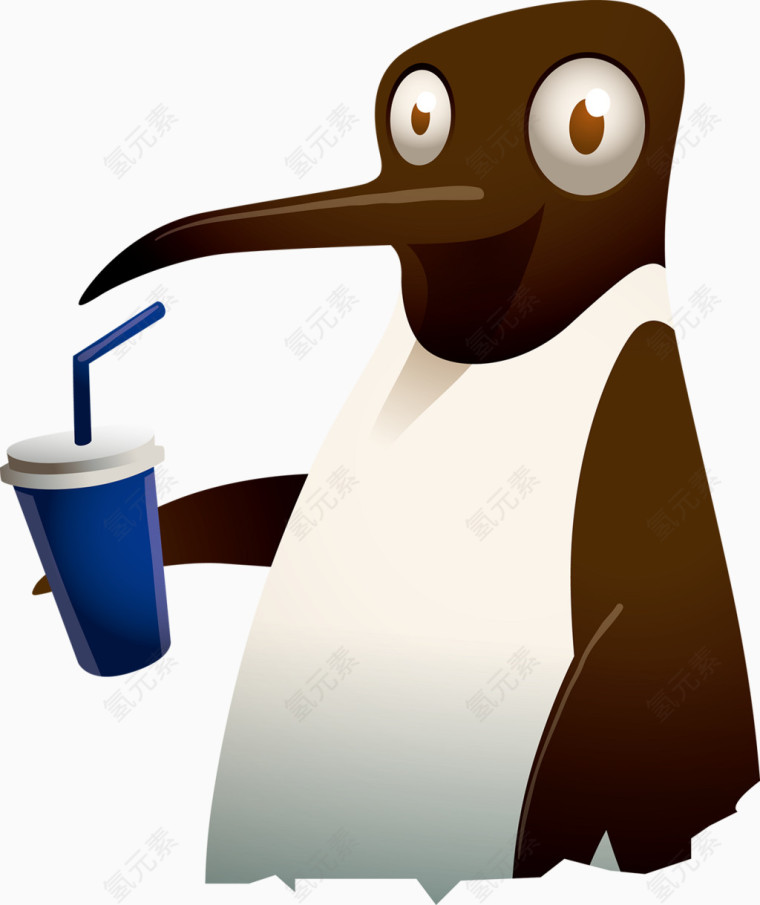 喝饮料的企鹅卡通手绘装饰元素