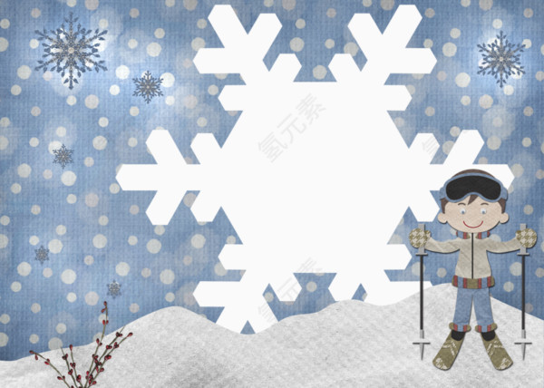 卡通雪花背景滑雪小男孩