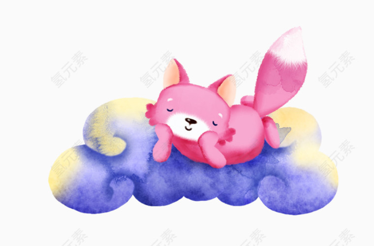 卡通手绘趴在云彩上的小狐狸